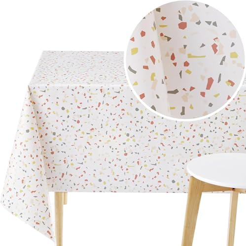 KP HOME Abwischbare PVC-Tischdecke, quadratisch, Wachstuch, 140 x 140 cm, Terrazzo-Muster, Kunststoff-Tischdecke, abwischbar, Vinyl-Wachstuch, wasserdicht, 140 x 140 cm, Cremeweiß