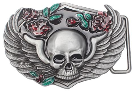 Longcreek Gotisches Totenkopf-Gürtelschnalle für Herren, Wikinger-Totenkopf-Flügel Gürtelschnalle, Blume Rose Totenkopf Gürtelschnalle, Jahrgang Punk Rock-Totenkopf-Gürtelschnalle (Silber)