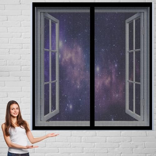 Fliegengitter Fenster 45 x 60 cm Einfach Montieren Ohne Bohren Insektenschutz Fliegennetz Vollrahmen Klettverschluss für Windows/Wohnzimmer, Schwarz