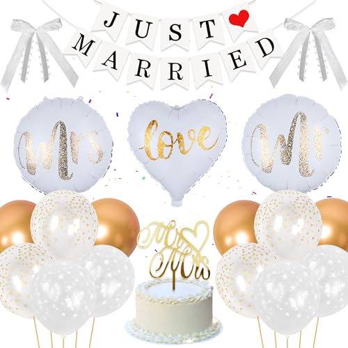 Just Married Deko Hochzeitsdeko Kit- 30 Stück Hochzeit Deko Lieferungen Just Married Banner Brautpaar Figuren Folienballon Schleife Runder Ballon für Standesamt Verlobung Hochzeitsfeier Deko