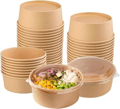 Mega Packaging 33oz Disposable Kraft Paper Bowls with Lids (300 Pcs) | Eco-Friendly Meal Prep Containers | 1000ml - Microwave & Freezer Safe - Perfect for Hot/Cold Food & Salad