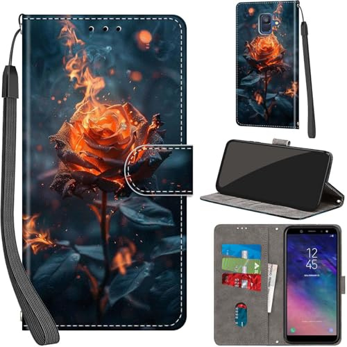 Handyhülle für Samsung Galaxy A6 2018 Klapphülle Leder Wallet Flamme | 3 Kartenfächer & 1 Geldfach, Magnetverschluss, Ständerfunktion, robuste premium PU leder klapphülle für Samsung A6 2018
