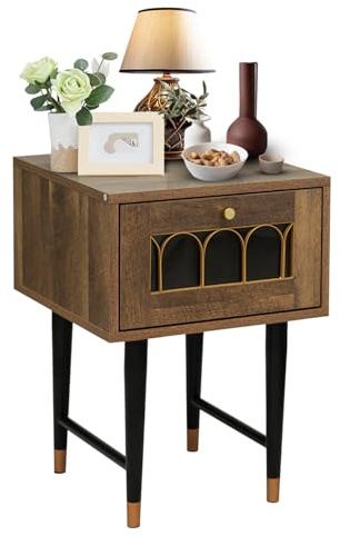 Home Stuff Plus Thin Bedside Table - Wooden Slim Bedside Tables with Gold Metal Accents - Modern Small Bedside Tables with one Drawer for Bedroom, Living Room and Small Spaces - Brown