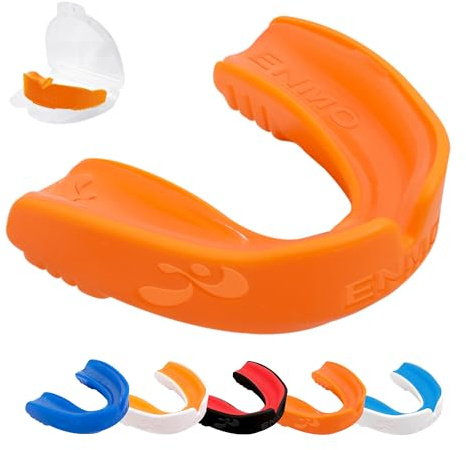 Enmo Maxilla Gel Gum Shield - Adult & Junior 10+ Mouth Guard with Case for Rugby, Boxing, Hockey and Contact Sports - Mouthguard with Boil & Bite, Breathing Channel Tech, Dual Layer - Orange/White