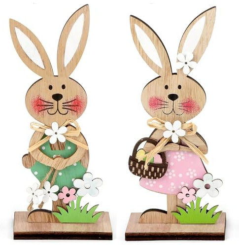 HFMYGS 2 Stück Osterdeko Holz Hase, Osterhase Deko aus Holz zum Hinstellen, Deko Aufsteller für Ostern, Osterdekoration Garten Osterhasen, Oster Tischdeko, Ostern Hase Aufsteller