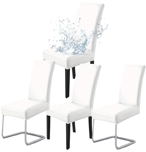 HAMON Stuhlhussen 4er Set,Pflegeleichte Wasserdicht Abnehmbarer Stühle,wasserdichte Stretch PU Leder Stuhlbezug,Haus Büro Restaurant Stuhlhussen,Kunstleder Wasserdicht Dehnbarer Schutzbezug(Weiß)