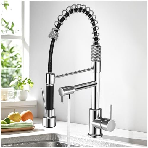 Discoball Kitchen Sink Mixer Tap 360 Degree Rotation Single Hole with Pull Out Spray Kitchen Sink Taps, Brushed Double Spring Steel