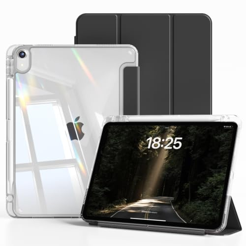ZKTUYU Hülle für iPad Air 11 Zoll M4/M3/M2, iPad Air 5./4. Generation 10,9 | Stoßfeste Schutzhülle mit Stifthalter, Transparente Hart PC Rückseite, Auto Schlafen/Wachen, Schwarz
