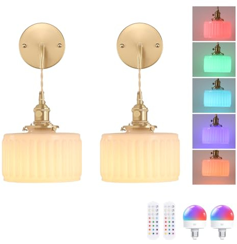 Shenmoyl Battery Operated Wall Light Set of 2, Rechargeable Wall Lamp Indoor with Adjustable Cord, Vintage Wall Sconce Decor for Bedside Living Room Bedroom Bathroom, Z-Striped White