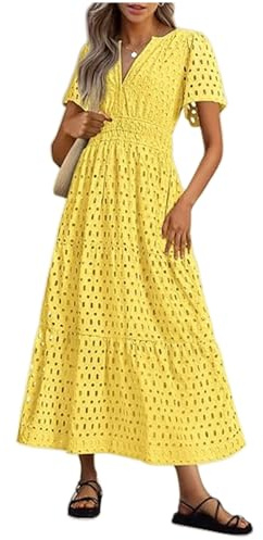 Summer Maxi Dresses for Women UK Wedding Guest Dress Short Sleeve Casual Boho V Neck Hollow Out Eyelet Ruffle Swing A Line Cotton Long Flowy Beach Vacation Evening Dresses