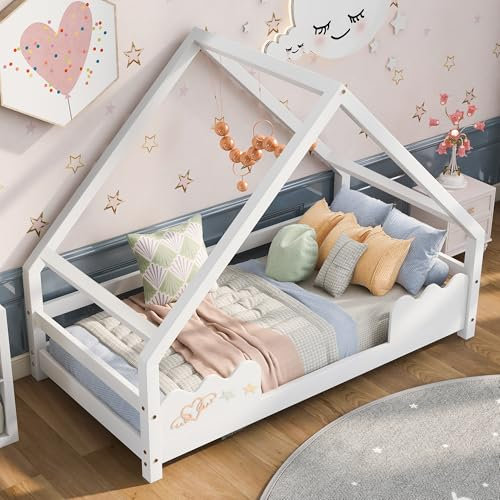 YuQozii Hausbett Kinderbett 90x200cm mit Rausfallschutz Spielbett Jugendbett Massivholz in Weiß