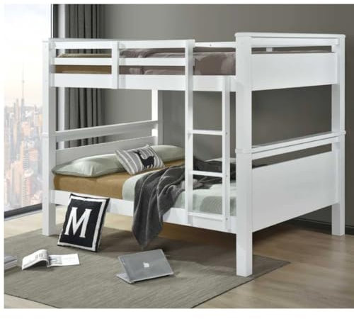 Reinforced Beds,4'6FT LANGHAM QUAD BUNK BED, Wooden Bunk Bed, Rubberwood, Solid Wooden Slats, Modern Bunk Bed Design (White Finish, Double)