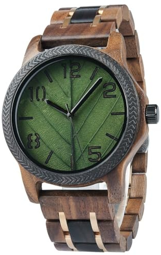 EBONY Wood Watch for Men Natural Wooden Japanese Quartz Minimalist Style Mens Wristwatch Unique Real Leaf Vein Dials Lightweight Casual Watches (MWL-Green2)