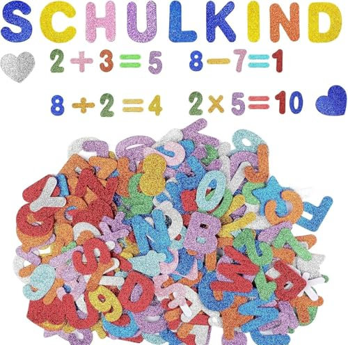 FangBoJie 128 Stück Moosgummi Buchstaben Selbstklebend, Glitzer Buchstaben für Schultüte, Schaumstoff Buchstaben Aufkleber, Schaumstoff Zahlen Deko, Schulkind Schulanfang Einschulung