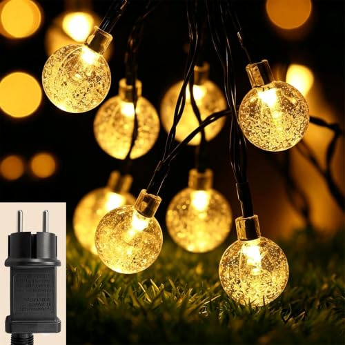 Hopelit Lichterkette Außen Kristall Kugeln 10m 100 LED Globe Lichterkette Innen 8 Modi Wasserdicht IP44 Lichterkette Strom mit Timer für Zimmer Garten Balkon Weihnachtsdeko - Warmweiß