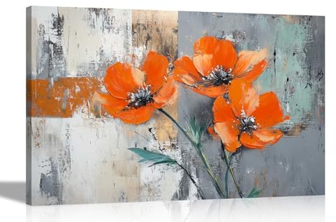 Artley Prints - Abstract Rustic Orange Poppy Flowers Canvas Prints Pictures for Living Room Conservatory Hallway Home Office 76 x 50cm (30 x 20 inches)