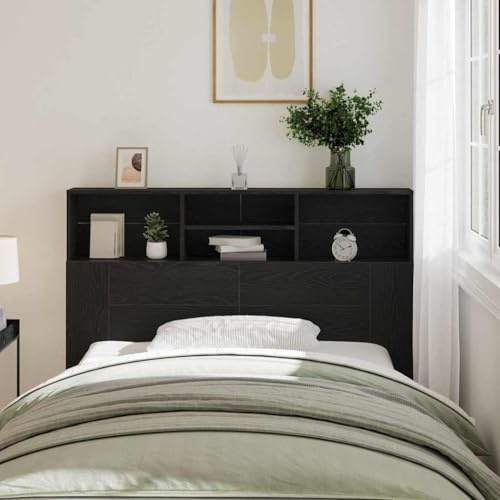 Mokuyary Bettkopfteilschrank, Eiche, Schwarz, 140 x 19 x 103,5 cm, Wandmontage, Kopfteil für Bett, Hotel, Schlafsaal