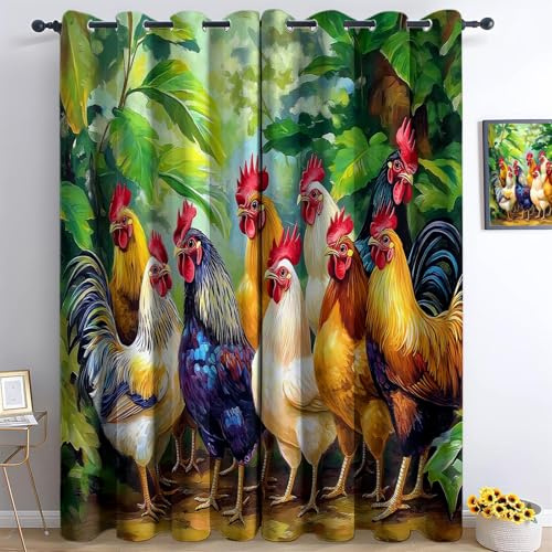 Grün Blickdichte Vorhänge 166 x 75 cm, Acht Hühner Im Gras mit Ösen Thermovorhang, 2er Set Verdunklungsvorhänge für Wohnzimmer Schlafzimmer