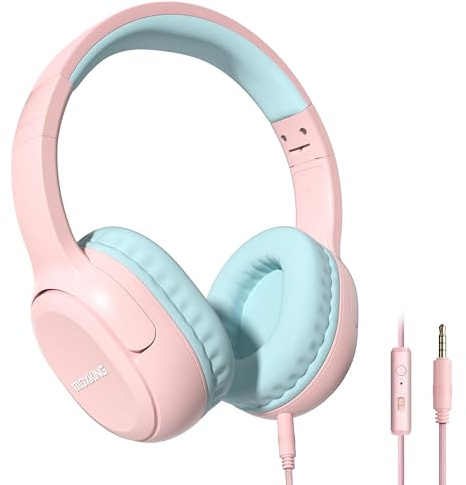 MOXKING Kinder Over-Ear Kopfhörer mit Kabel und Mikrofon | Lautstärkebegrenzung 85/94 dB, Faltbares Design, für Mädchen & Jungen, Rosa, 3,5mm