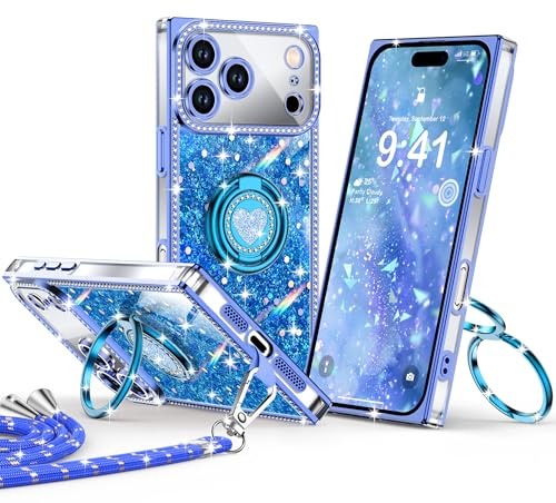 XYZ Glitzer Hülle für iPhone 17 Pro Max mit Band, Blau | HandyHülle mit Herz Ringhalter, Bling Luxus Strass Diamant Case mit Ständer, Stoßfeste Schutzhülle für Damen & Mädchen