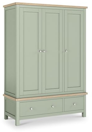 RoselandFurniture Farro Sage Green 3 Door Triple Wardrobe for Bedroom | Large Clothes Storage, Wooden Closet with Drawers, Washed Oak Top, Modern Farmhouse Style, H183cm W130cm D52cm
