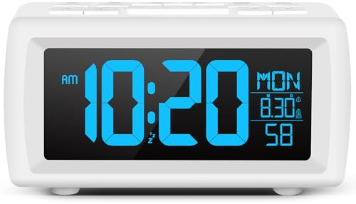 Digital Alarm Clock Radio for Bedroom, Bedside Clock with Large Display, 7 Colour Modes & Auto Dimmer, Dual Alarm, FM Radio, Mains or Battery Desk Clock, Snooze, Sleep Timer, White/Upgrade
