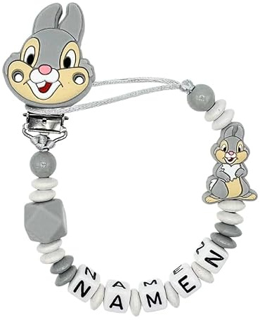 Nuckelkette mit Namen  HASE/KANINCHEN  Hellgrau Weiß/Baby/Unisex/Personalisiert/HANDMADE