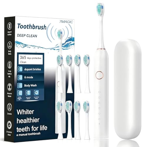 7MAGIC Sonic Electric Toothbrush, Rechargeable Power Toothbrush with 8 Brush Heads & Travel Case, 6 Modes, 40000 VPM Motor, 2 Minute Smart Timer, IPX7 Waterproof, 90 Days Battery Life