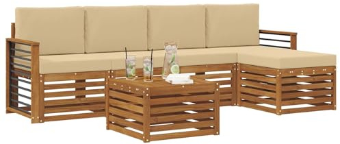 vidaXL Sofagarnituren 6 pcs Natur und Beige Massivholz Akazie, Moderner Garten-Sofa, haltbare Terrasse Sitzgelegenheiten, bequemes Lounge-Möbel für draußen