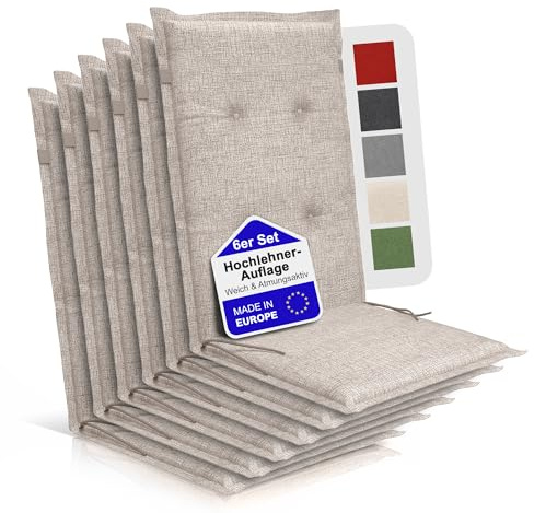 Relexo PREMIUM - Hochlehner Auflage Gartenstuhl – Hochlehner Stuhlauflage mit Polster, Outdoor Sitzkissen & Stuhlkissen für Gartenmöbel Auflage wetterfest, Sitzkissen bequem (Beige, 6er Set)