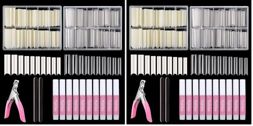 Acrylic Nail Tips for Gel Extensions: Nail Glue for Acrylic Tips Extra Strong - 480PCS XXL Extra Long C Curve Nail Tips - Natural and Clear Square Fake Nails Extension Kit for DIY Nail Art (Pack of 2)