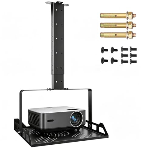 HUASD Soporte Proyector Techo Extensible con Bandeja, 31x29cm, Altura Ajustable, Soporte Techo Proyector Negro, Soporta hasta 10 Kg, con Orificios Ayudan a Disipar el Calor, para Proyectores, DVD