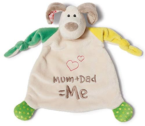 NICI Schmusetuch Hund ‚Mum+Dad=Me´ 25x25 cm – Hund Schnuffeltuch ab 0+ Monaten – Kuscheltuch für Babys & Kleinkinder – Baby Kuscheltier / Schnuffeltuch – Baby Schmusetuch für Mädchen & Jungen – 40037