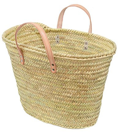 Cesteria Aparici - Capazo de palma con asas cortas de vaquetilla beige para customizar 5010-9 (55x28x35) Capazo para comprar, cesto para la playa, bolso multiusos