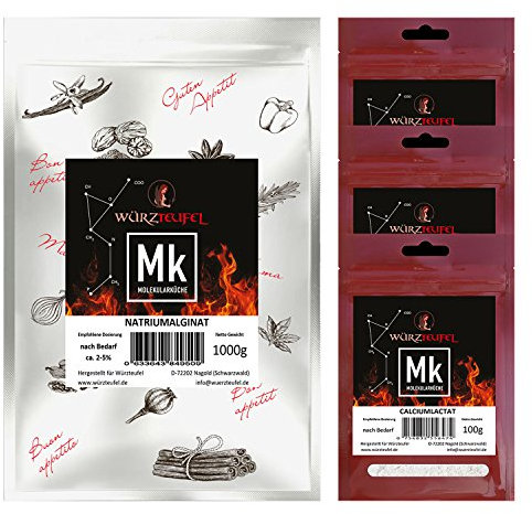 Alguinato de sodio y lactato de calcio, cocina molecular caviar de frutas. Fácil fabricación. Bolsa de alginato de sodio de 1000 g y 3 bolsas de 100 g de lactato de calcio.