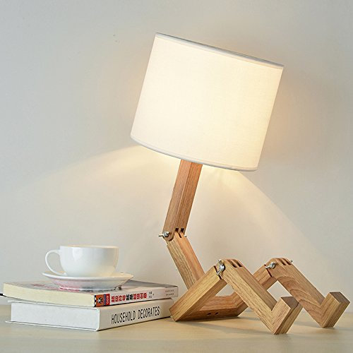 ELINKUME® Creativo robot lámpara de escritorio, ajustable libro estante madera noche con pantallas tela E27 tornillo para niños dormitorio oficina sala estar iluminación decorativa (Robot No2)