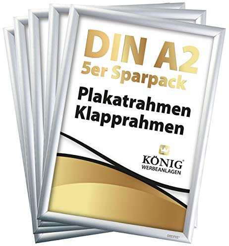 Dreifke 5 Plakatrahmen DIN A2 | 25mm Aluminium Profil, Silber | inkl. entspiegelter Schutzscheibe und Befestigungsmaterial | Alu Klapprahmen Wechselrahmen Posterrahmen | 5er Sparpack