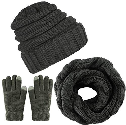 CheChury Winter Schal Strickmütze Kombiset Strickset Beanie Handschuhe Damen Schal Mütze Handschuhe Set Gestrickt Geschenkset Touchscreen-Handschuhe,Grau,Onesize
