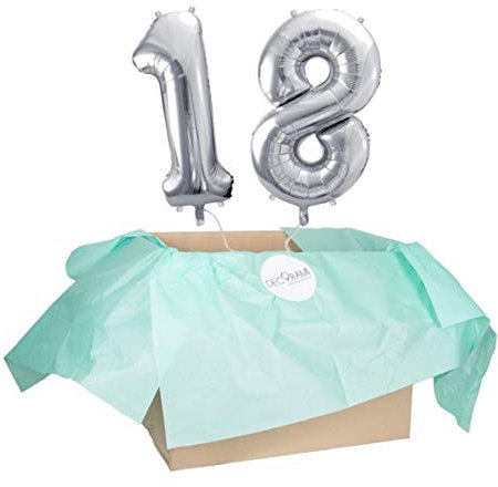 DECORAMI - celebrate happy times XXL Zahlen Luftballon 18, Silber, Zahlenballon mit Helium gefüllt, 86cm, Heliumballons im Karton zum Geburtstag und Jubiläum