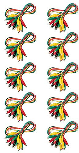 10x Krokodilklemmen Kabel Set | 100 Stück | je 2x rot, grün, schwarz, weiß und gelb | 50 cm Kabellänge | Prüfkabel mit isolierten Klemmen | Bananenstecker Abgreifklemme | für Prüfaufbauten Messtechnik