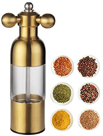 KJHGMNB Pepper Grinder, Refillable Turkish Spice Mill with Adjustable Grinder, Manual Pepper Mill with Handle, Spice Grinder Metal, Adjustable Coarseness Peppercorn Cracker,local gold,17.5x4.8cm