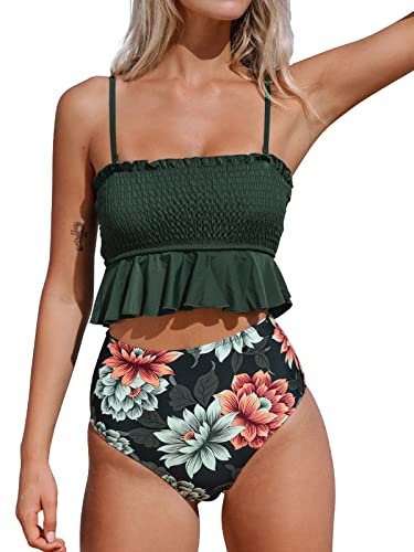 CUPSHE Damen Bikini Set Rüschen Gesmokter Bikini Bandeau Geraffte Bademode High Waist Zweiteiliger Badeanzug Armee Grün S