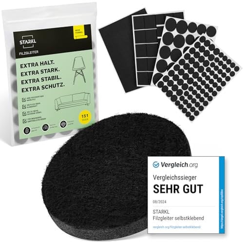 STARKL® Filzgleiter selbstklebend Schwarz (151 Stück) I 4mm Dicke Filzgleiter für Stühle I Möbelgleiter Filz selbstklebend I Möbelgleiter aus hochwertigem Nadelfilz I Filzgleiter Schwarz