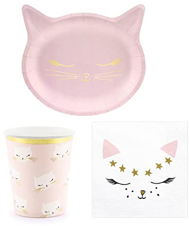Set 44 pezzi - Kit Coordinato tavola Gatti gatto gattino ROSA e Oro - ideale per 12 Ospiti - decoro buffet feste compleanno Bimba Bambina bambini - 12 piatti + 12 Bicchieri + 20 tovaglioli