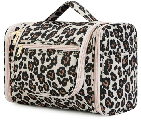 WANDF Groß Waschtasche, Kulturtasche zum Aufhängen für Damen, Kulturbeutel Herren Gross, Waschbeutel für Camping Reisen für Kinder Frauen Mann (Rosa Leopard)