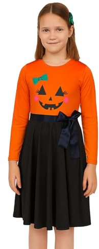 A2Z 4 Kids Girls Halloween Pumpkin Panel Skater Dress Long Sleeve Age 5-13