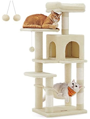 Feandrea Arbre à Chat Hauteur 112 cm, Tour de Jeux pour Chats, avec 4 Poteaux à Griffer, 2 Plateformes, 1 Niche, 1 Hamac, 2 Pompons, en Tissu Peluche, Multi-Niveaux, Beige PCT261M01