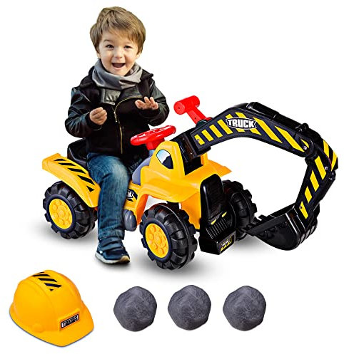 Maxmass Kids Ride On Digger, Toddler Construction Excavator with Steering Wheel, Control Panel, Digging Handle, 3 Toy Stones and Safety Helmet, Pretend Play Ride On Tractor for 3+ Years Old