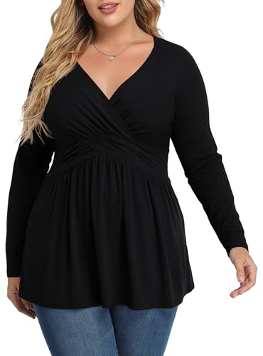 TIANZHU Plus Size Tops for Women Wrap Baby Doll Shirt Soft Tunic Top Dressy V Neck Blouse,XL-4XL