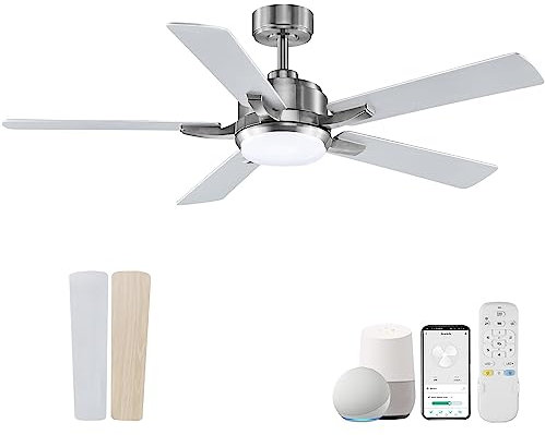 cumilo Ventiladores de techo inteligentes para exteriores de 52 pulgadas, luces LED y control remoto, motor CC silencioso, 6 velocidades, regulable, ventilador de techo de níquel cepillado moderno